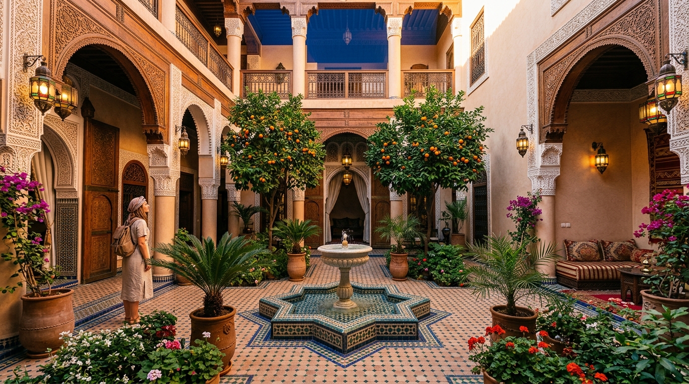 Best riads in Marrakech: stunning traditional courtyard with fountain and orange trees, luxury Moroccan riad interior, authentic Marrakech accommodation for travelers