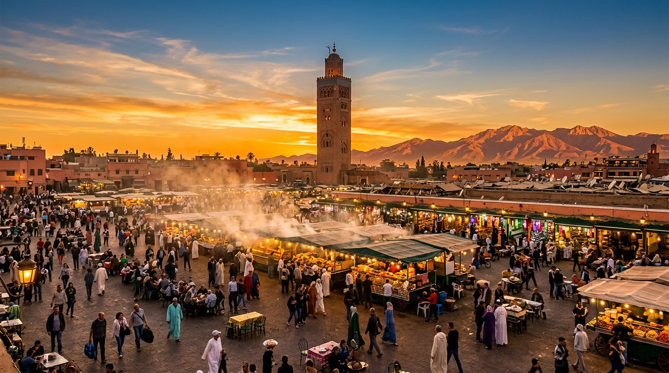 Best things to do in Marrakech: Jemaa el-Fnaa square at sunset with Koutoubia Mosque, Marrakech attractions in 2026