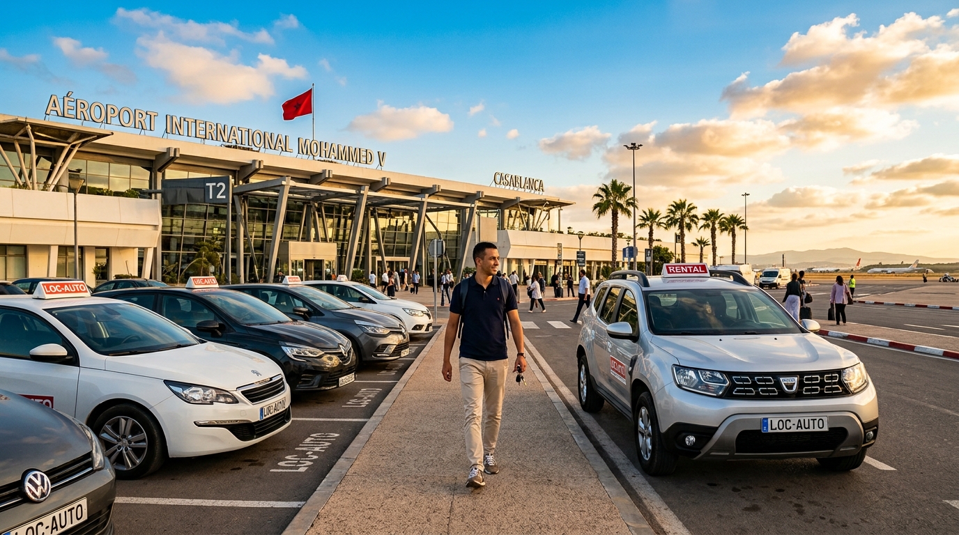 alt text : Car rental Casablanca airport at Mohammed V International Terminal 1 arrivals zone with traveler ready to drive, booking guide for renting a car in Morocco