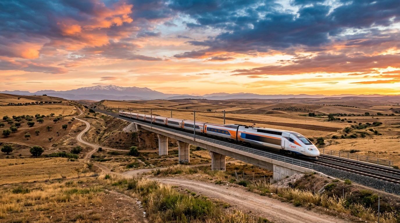 Casablanca to Marrakech train journey: ONCF high-speed train crossing Chaouia plains at golden hour, Morocco travel comparison guide 2026.