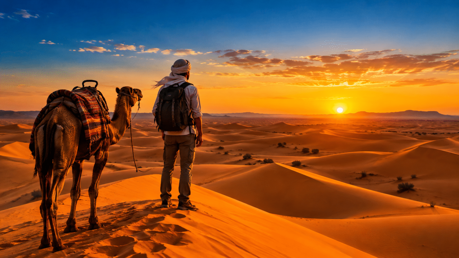 A man standing on a sandy hill, wearing a white hat and a backpack, Cheap Morocco travel packages 2026