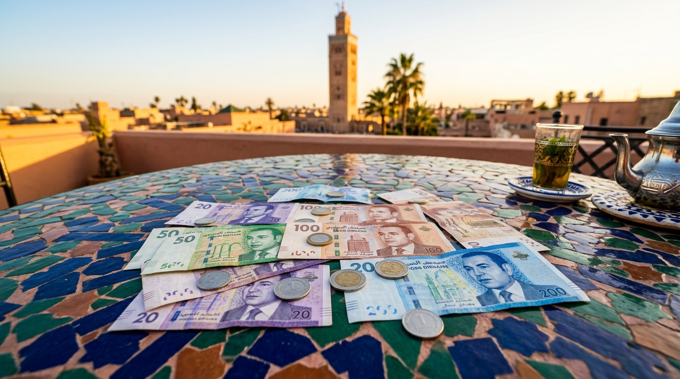Currency in Marrakech guide: Moroccan dirham notes and coins arranged on traditional zellige tiles with Koutoubia Mosque in background, illustrating money exchange in the red city.