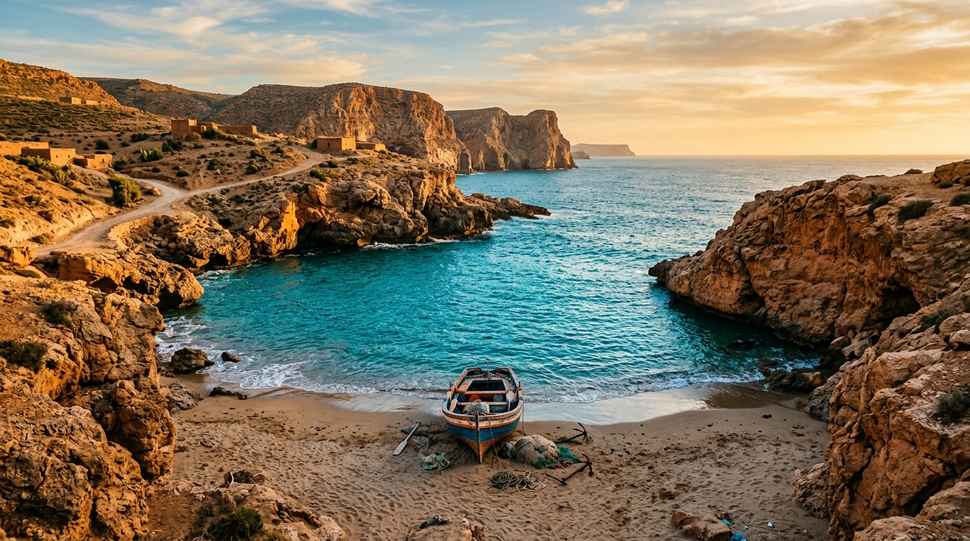 Discover hidden beaches Morocco: a secluded golden cove with turquoise water and fishing boat, perfect for off-the-grid coastal travel in Morocco