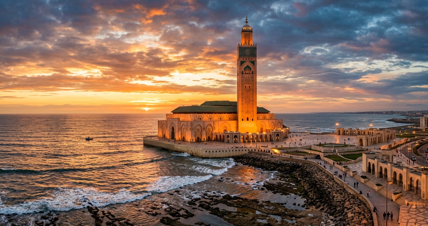 Do I need a visa to travel to Morocco? US UK Canadian travelers enjoying visa free entry view of Hassan II Mosque Casablanca at sunset golden hour travel inspiration