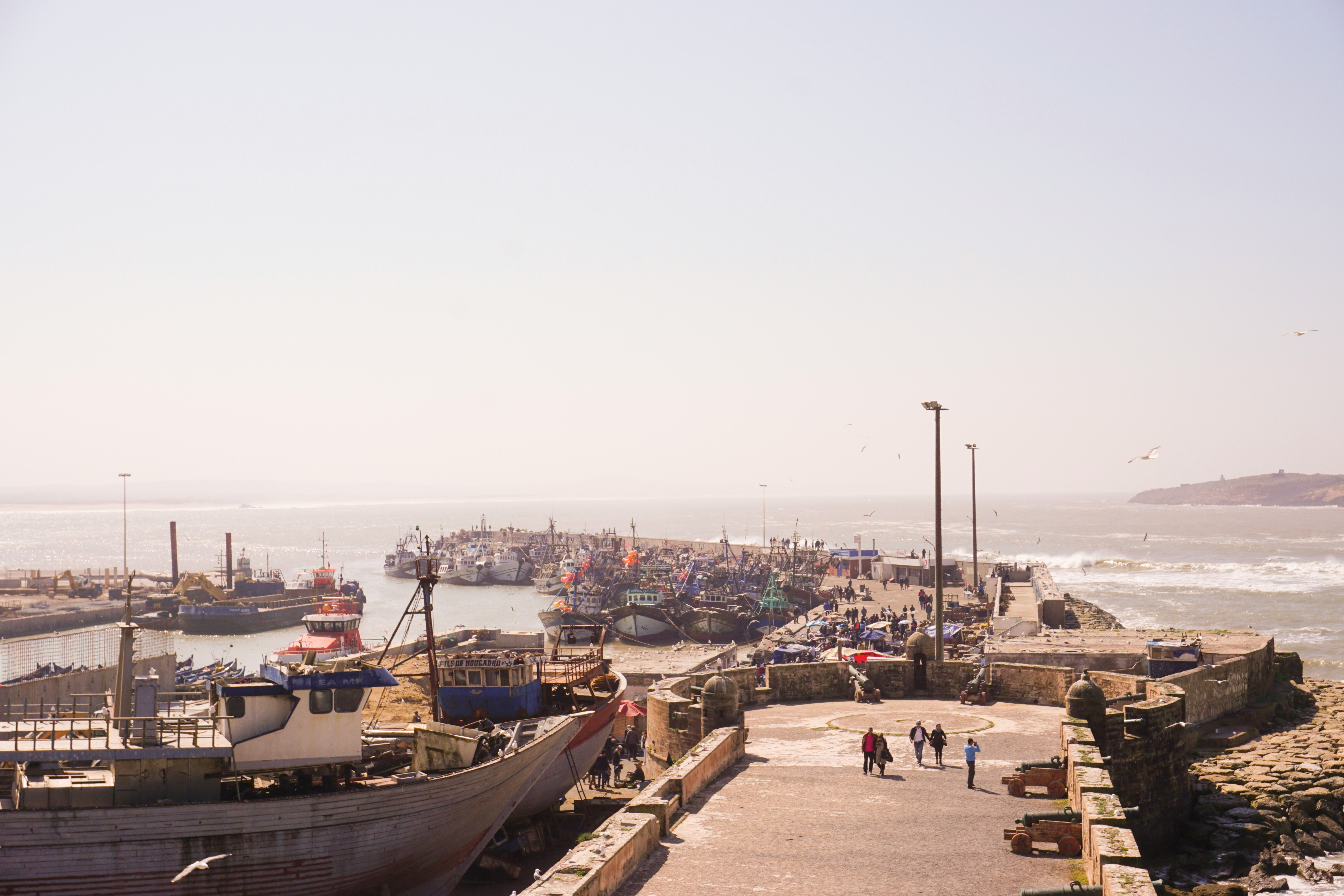 Essaouira fishing harbor with traditional blue wooden boats moored along the quay