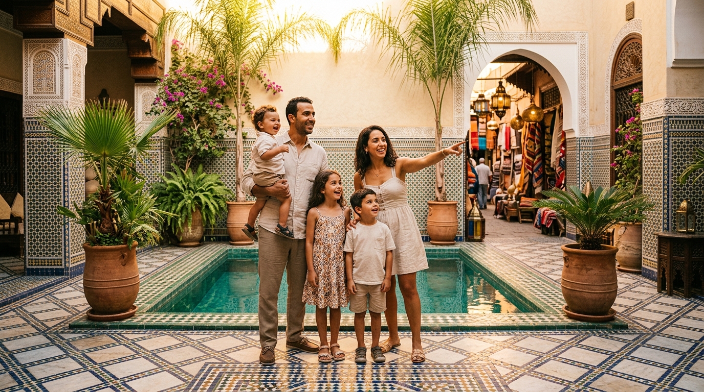 Family exploring a traditional riad courtyard in Marrakech with kids during golden hour, ideal for a Marrakech family holiday planning guide