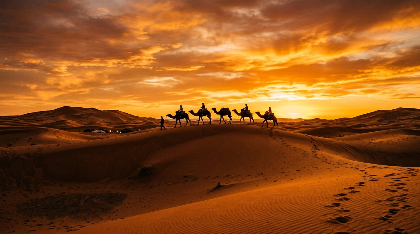 How many days in Morocco is enough? Sunset camel trek at Erg Chebbi dunes Merzouga Sahara desert – a top highlight for any Morocco itinerary length guide.