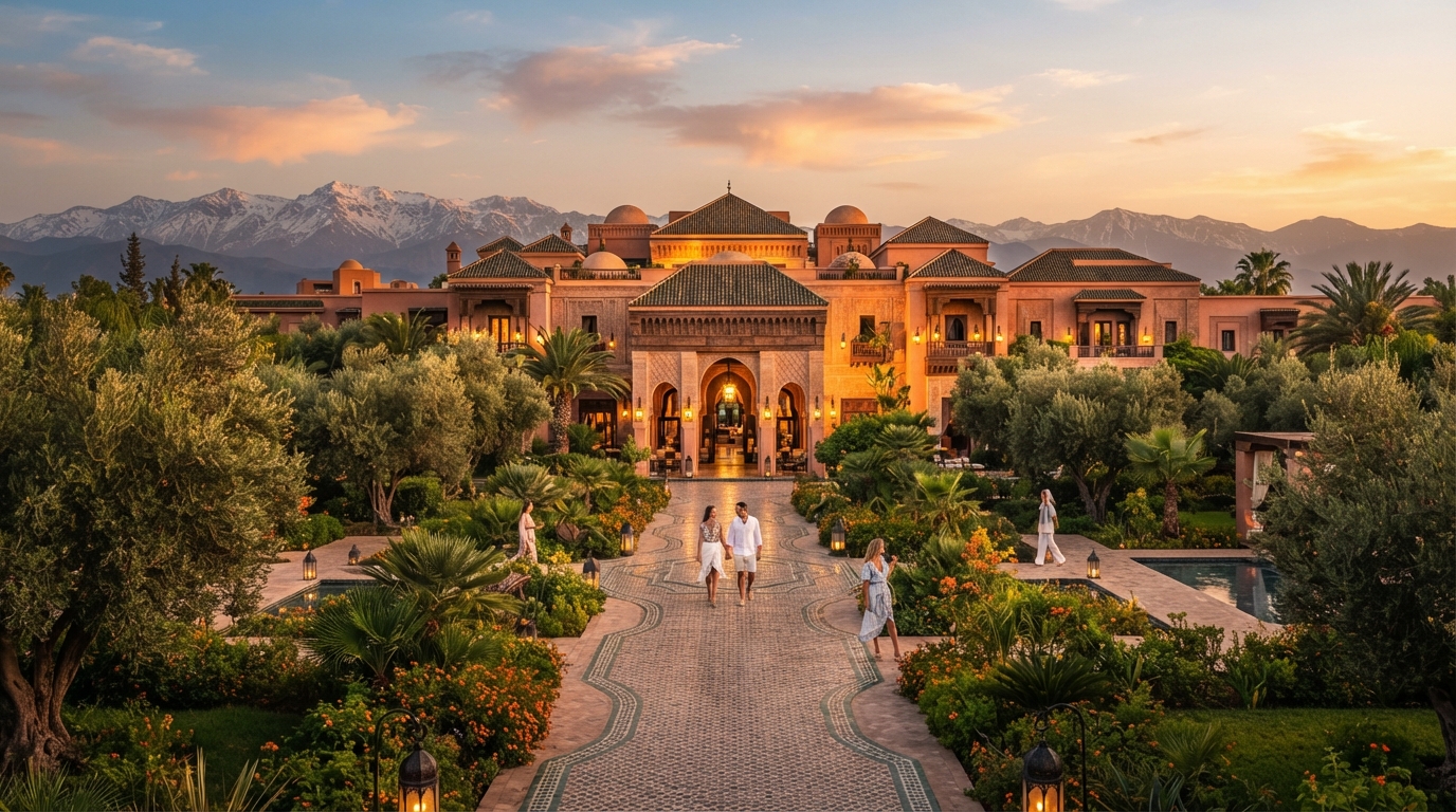 Luxury hotels in Marrakech: La Mamounia palace hotel facade with gardens and Atlas Mountains at golden hour, representing top Marrakech luxury holiday accommodations