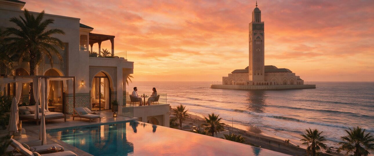 Luxury infinity pool at a Casablanca ocean-view resort overlooking the Atlantic at sunset with Hassan II Mosque silhouette