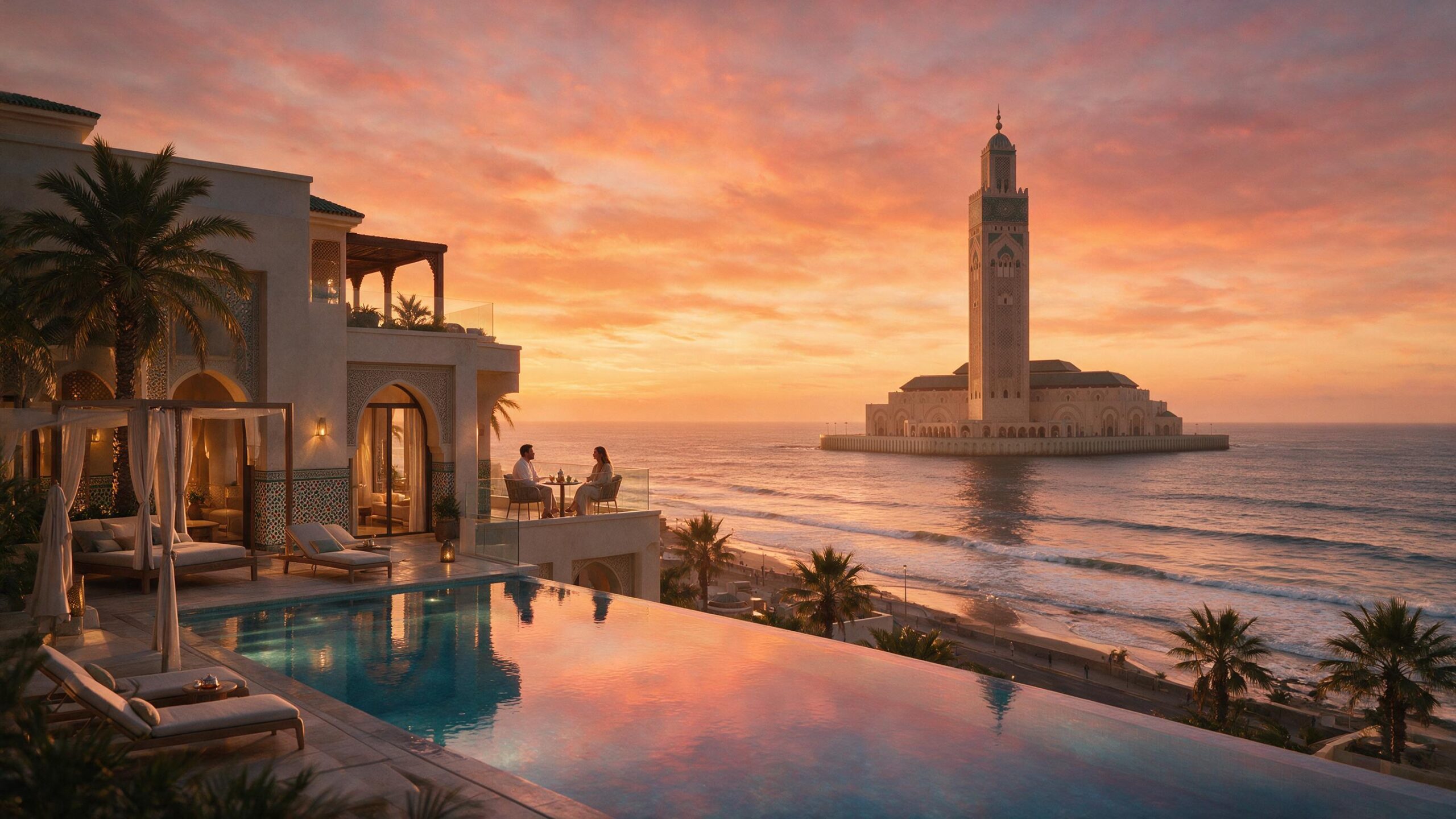 Best hotels in Casablanca with ocean views – luxury infinity pool at Four Seasons Casablanca overlooking the Atlantic at sunset, with Hassan II Mosque silhouette