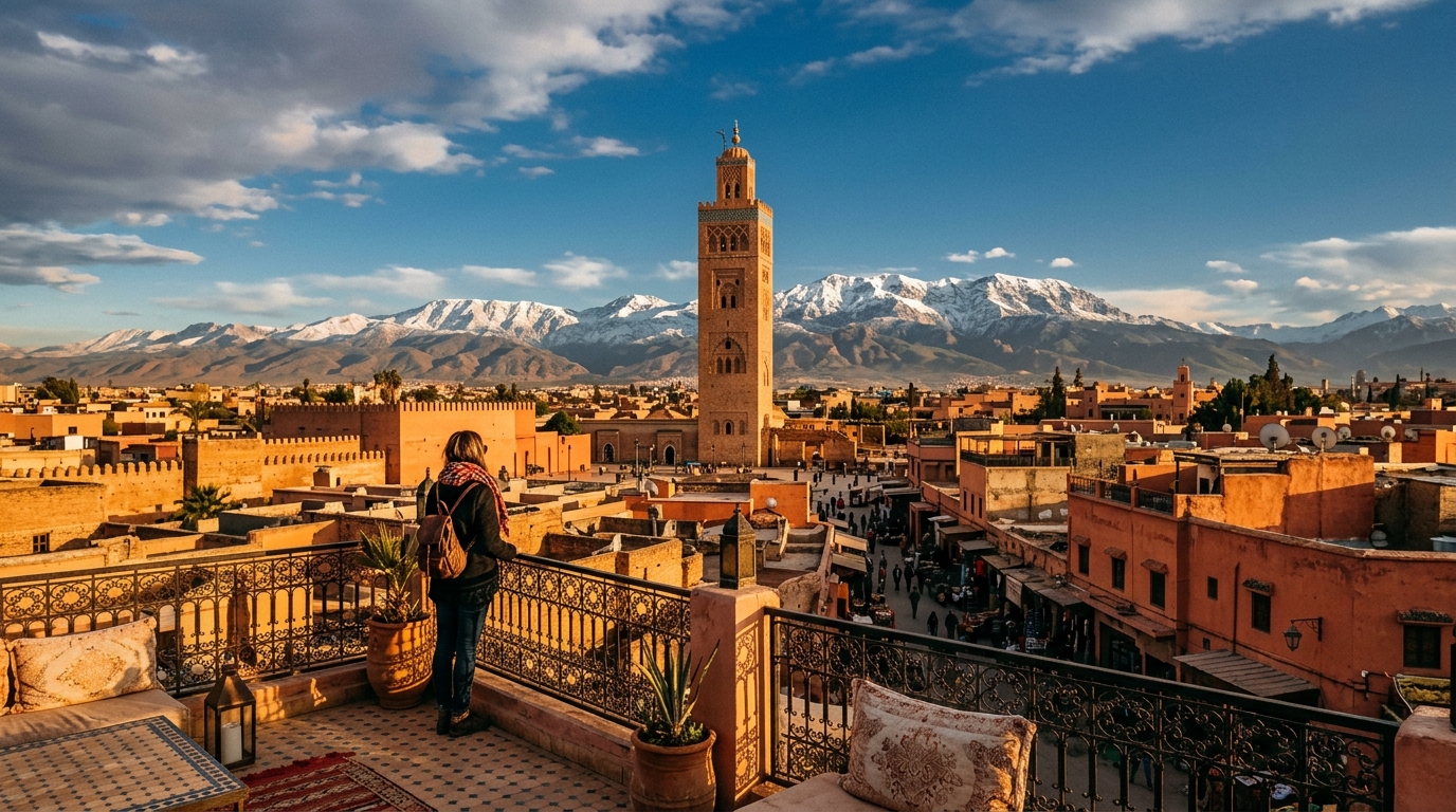 Marrakech Morocco travel guide 2026 – panoramic view of Koutoubia Mosque minaret and red city walls at golden hour with Atlas Mountains backdrop, inviting adventure.