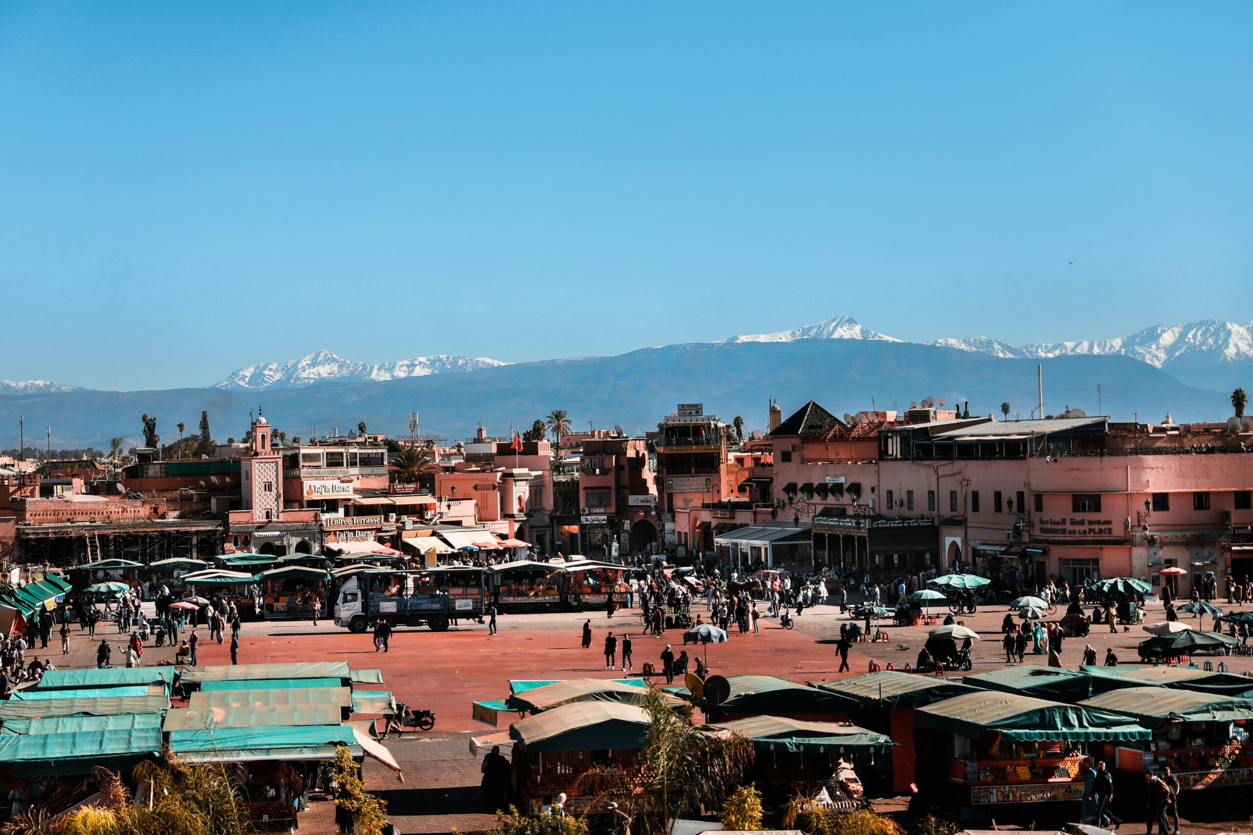 Marrakech Morocco skyline with red rooftops and Koutoubia minaret