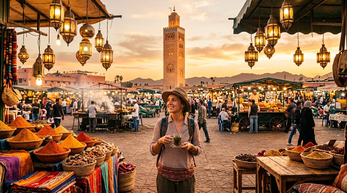 A woman in a hat is standing in front of a tall building in Morocco