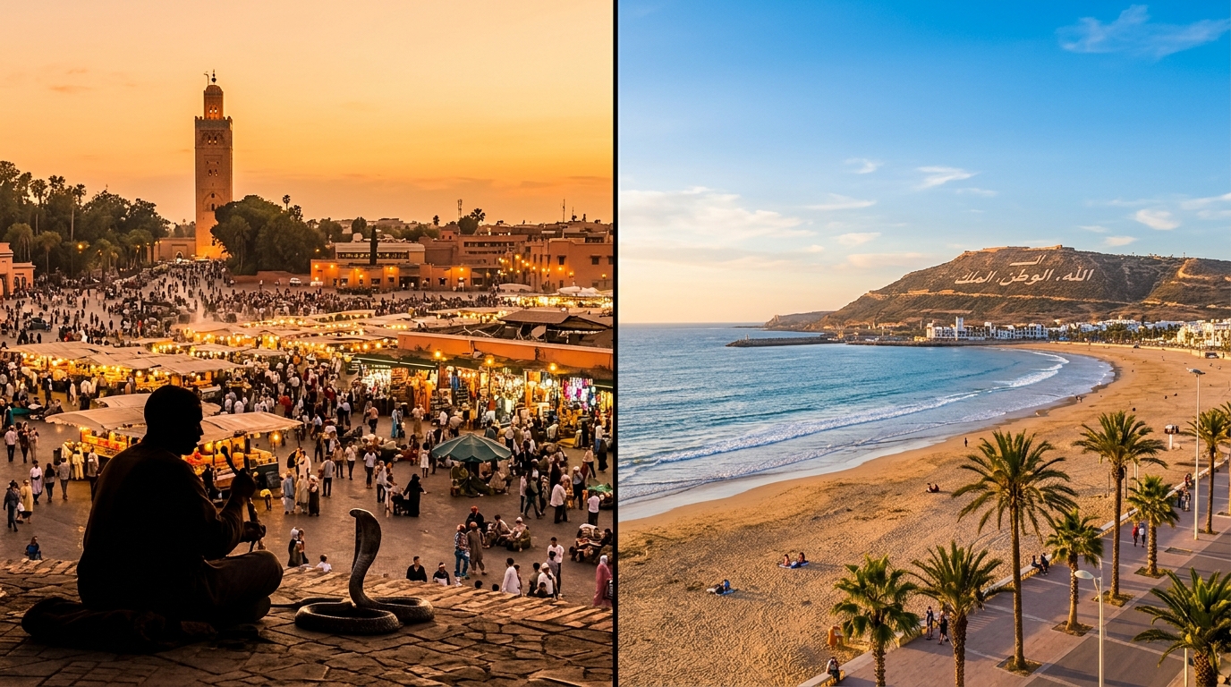 Marrakech vs Agadir comparison banner: chaotic Jemaa el-Fnaa square and serene Agadir beach side-by-side illustrating the choice between cultural immersion and coastal relaxation in Morocco.