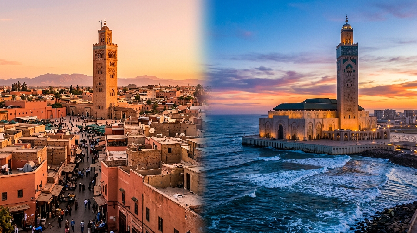Marrakech vs Casablanca comparison: historic red city medina and Koutoubia Mosque at sunset alongside modern Hassan II Mosque in Casablanca, Morocco travel guide