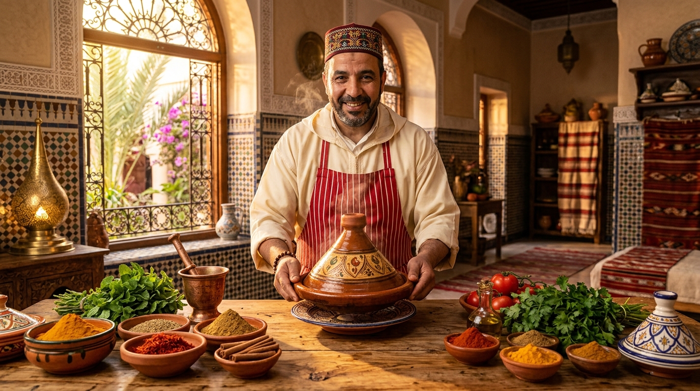 Moroccan cooking classes for tourists in Marrakech riad with chef holding tagine, authentic Moroccan cuisine experience showcasing spices and traditional cooking