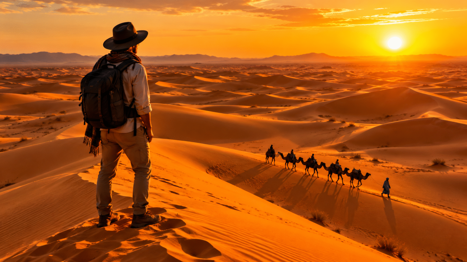 A man in a hat stands on a sandy beach, watching a group of camels walk by