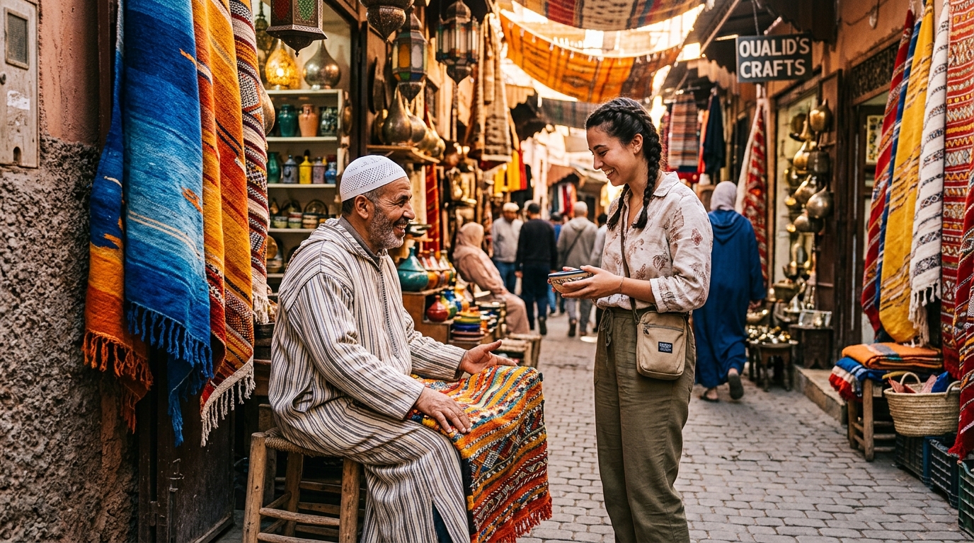 Morocco travel etiquette guide - respectful tourist greeting a local shopkeeper in Marrakech medina, golden hour lighting, cultural rules and travel tips.