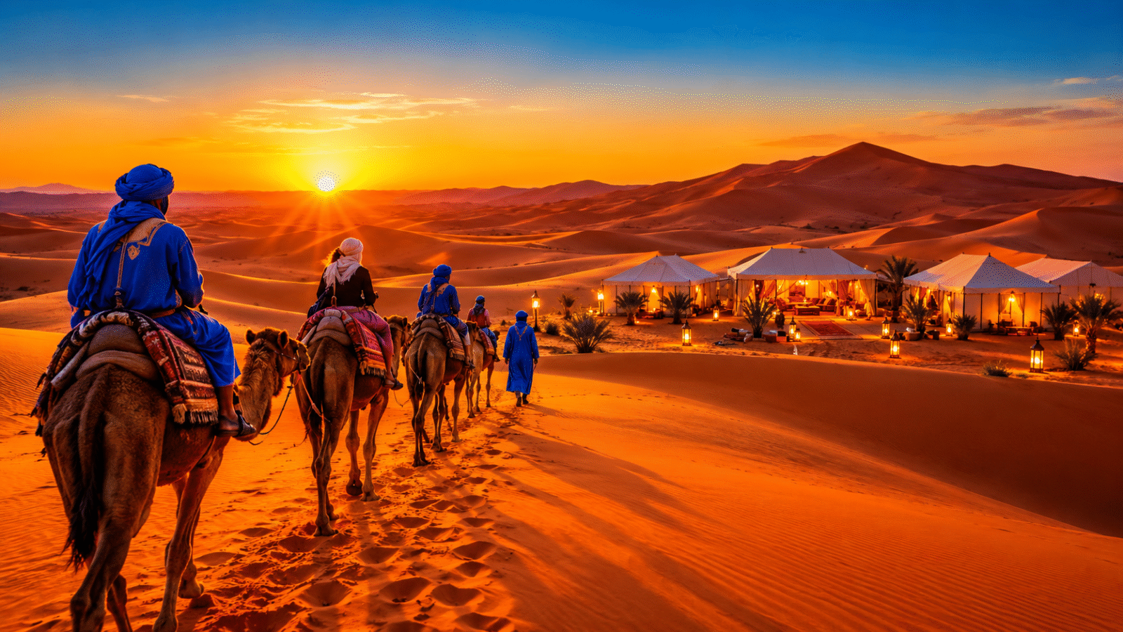 Morocco travel packages 2026: camel trekking in Merzouga Sahara at sunset, private desert camp, luxury riad, unforgettable adventure