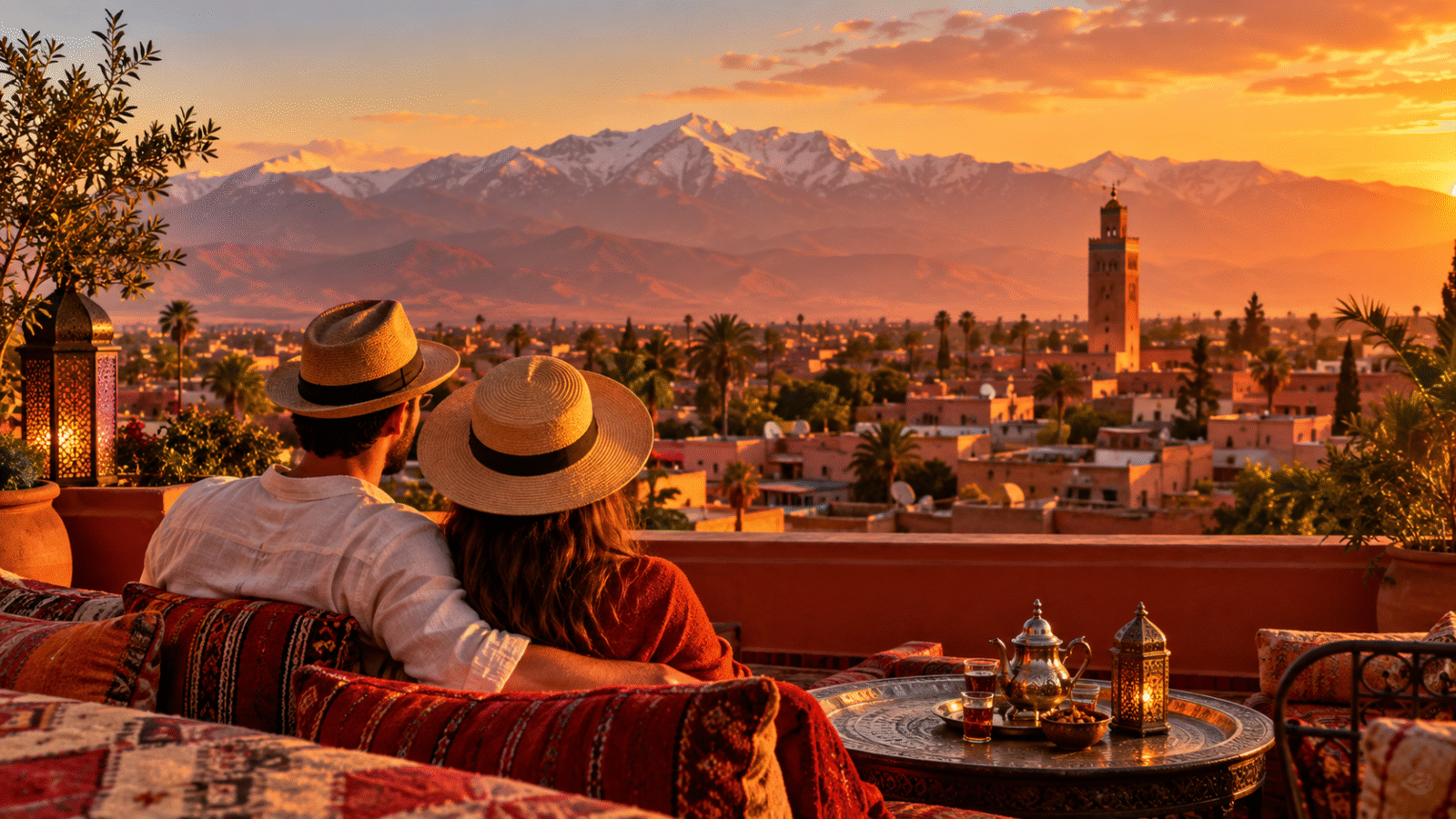 Morocco travel packages with airfare: couple watching sunset over Atlas Mountains from Marrakech rooftop, golden hour light