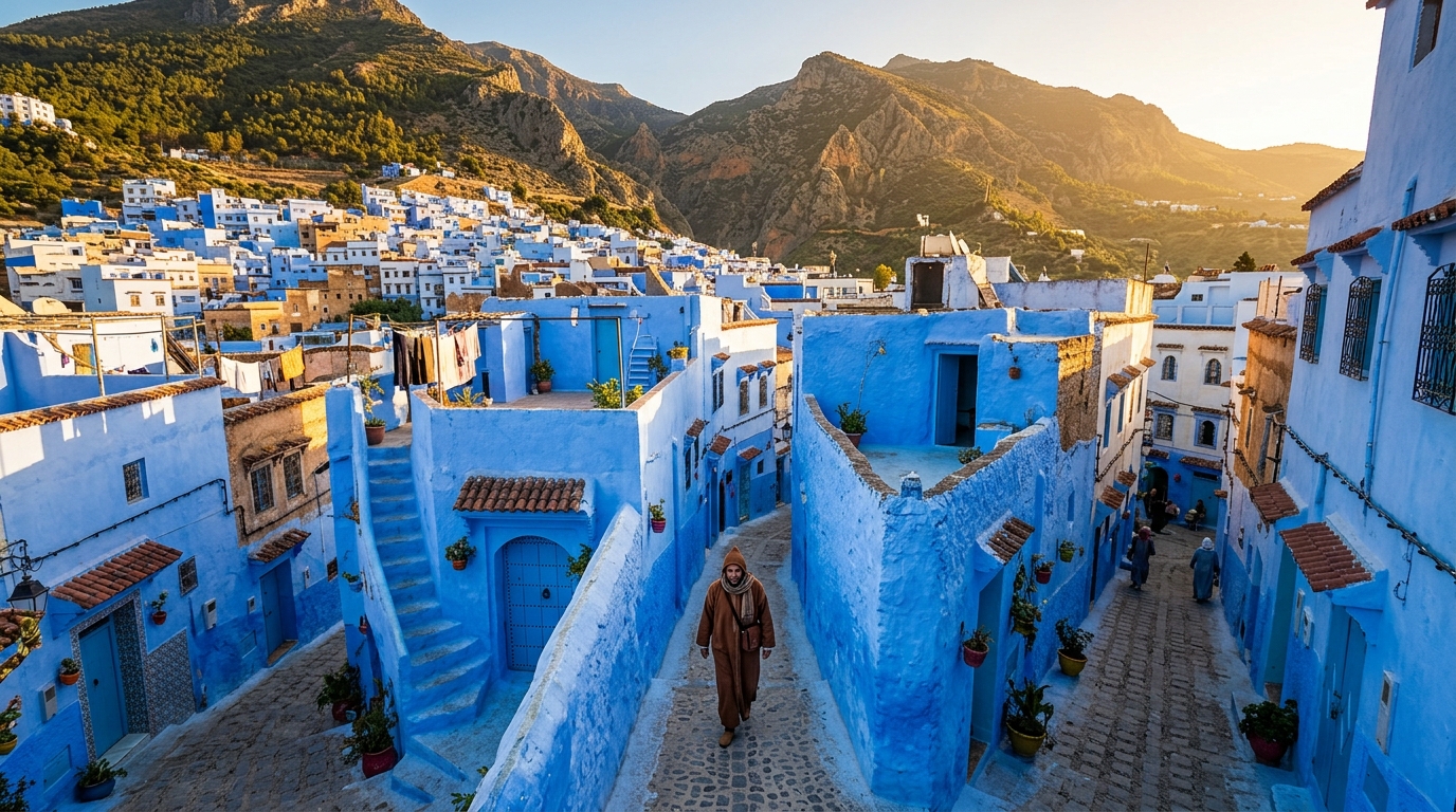 Morocco vs Egypt travel guide: golden hour view of Chefchaouen blue streets with mountains, showcasing Morocco's unique charm for tourists deciding between Morocco and Egypt