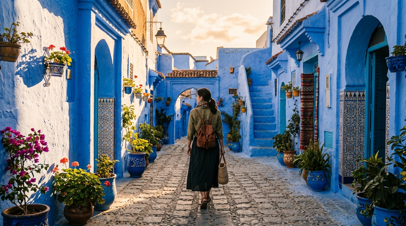 A woman walking down a narrow alleyway in a blue city, Is it safe to travel to morocco right now