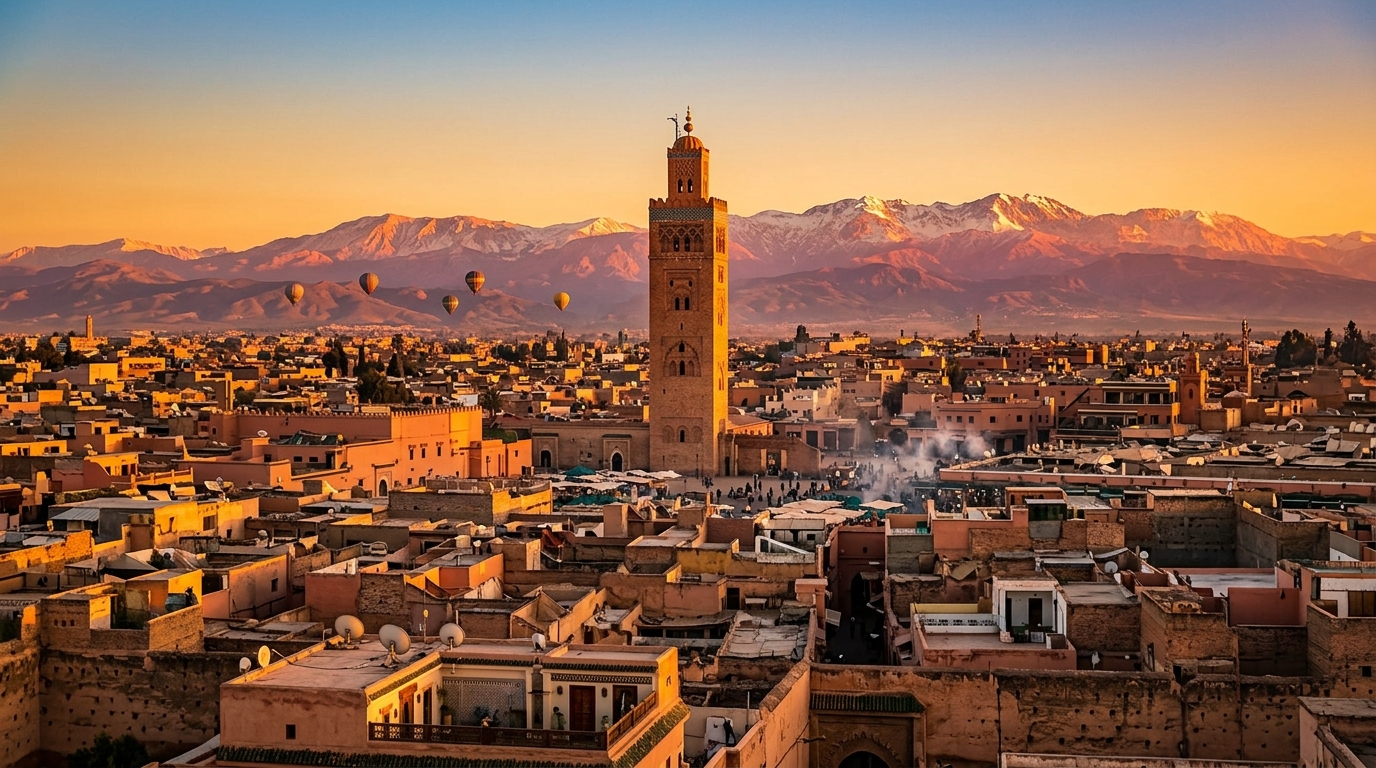 Top 3 places to visit in Morocco - Marrakech skyline with Koutoubia Mosque at sunset, showcasing the most visited city in Morocco for travel guide
