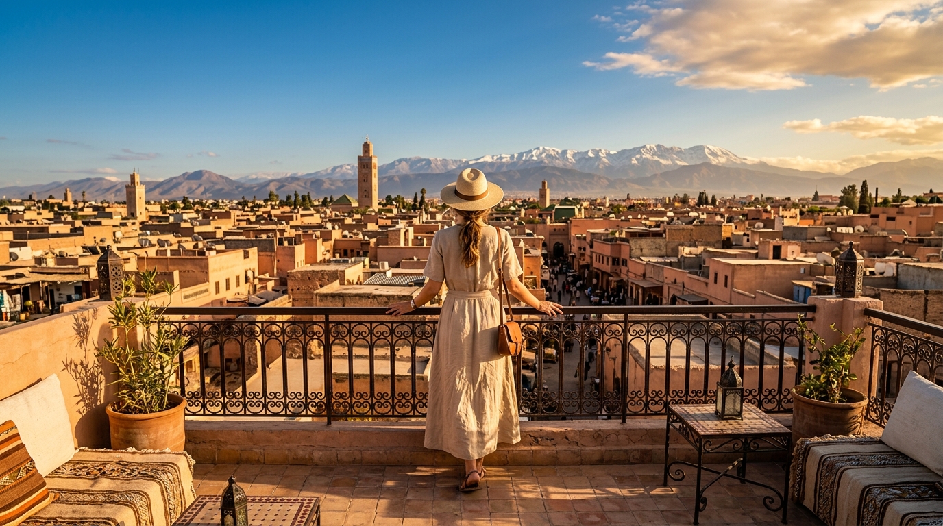 Travel to Morocco outfits inspiration – female traveler in stylish modest linen dress on Marrakech rooftop at sunset with Atlas Mountains backdrop for what to wear in Morocco
