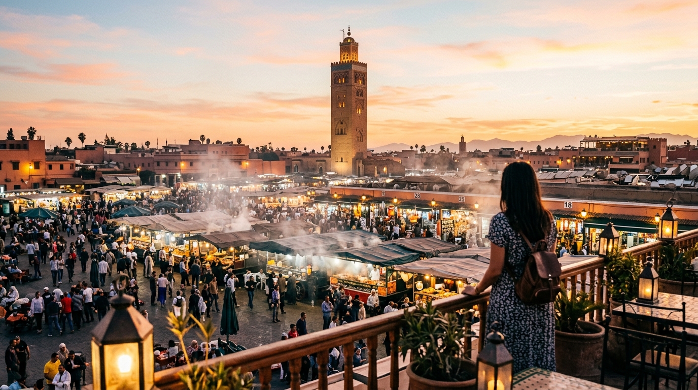 A bustling marketplace in Morocco, with a large crowd of people walking around and interacting, travel to morocco