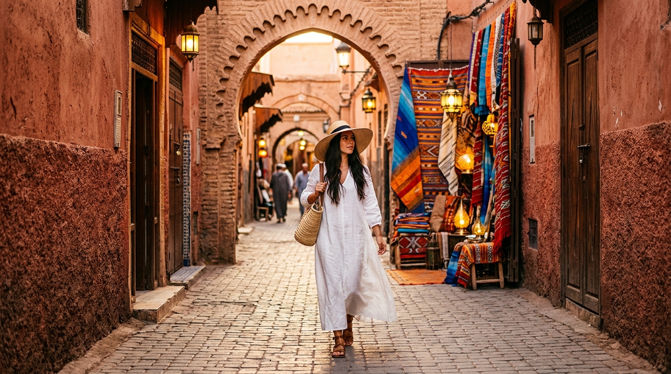 What to wear in Marrakech guide featuring a woman in a modest linen maxi dress walking through the golden-lit medina alleys of the Red City, Morocco travel fashion inspiration