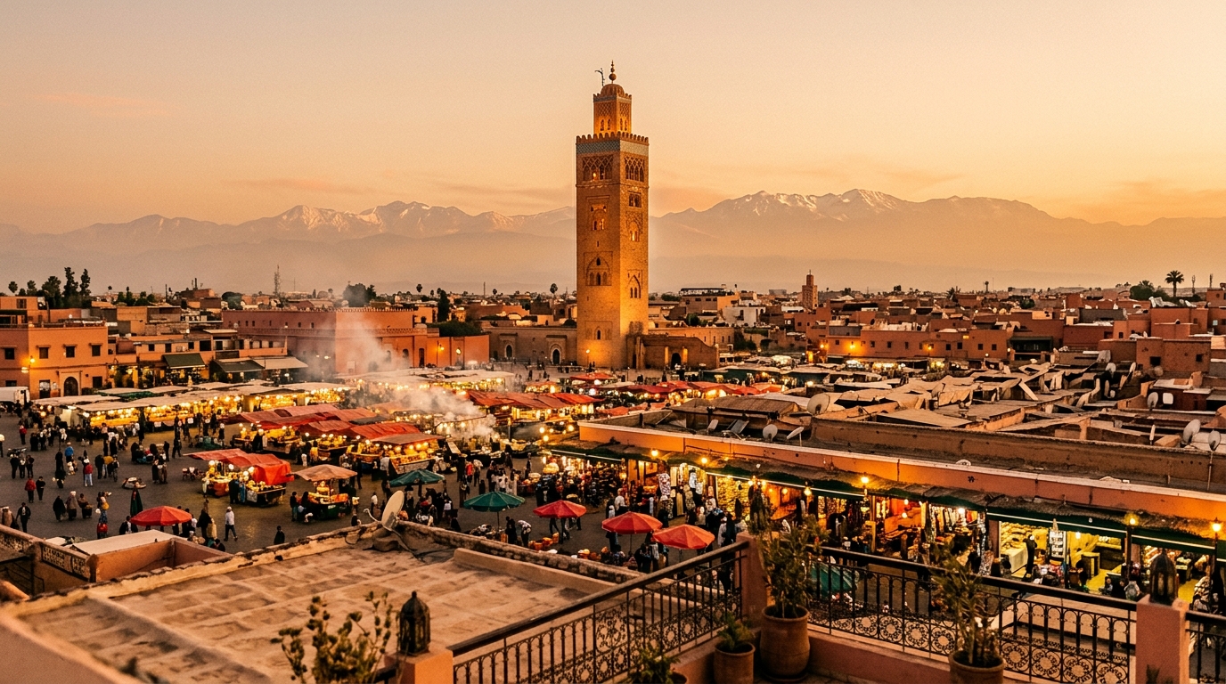 Where to go in Morocco for first timers: Marrakech medina and Koutoubia Mosque at golden hour, first time Morocco itinerary highlights.