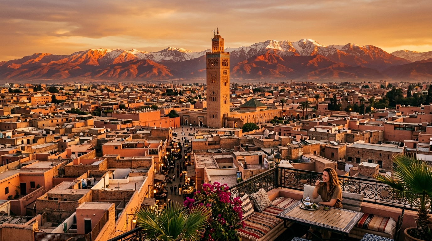 Where to stay in Marrakech: panoramic view of Medina rooftops with Koutoubia Mosque and Atlas Mountains at sunset, showcasing the soul of Marrakech neighborhoods for first-time visitors.