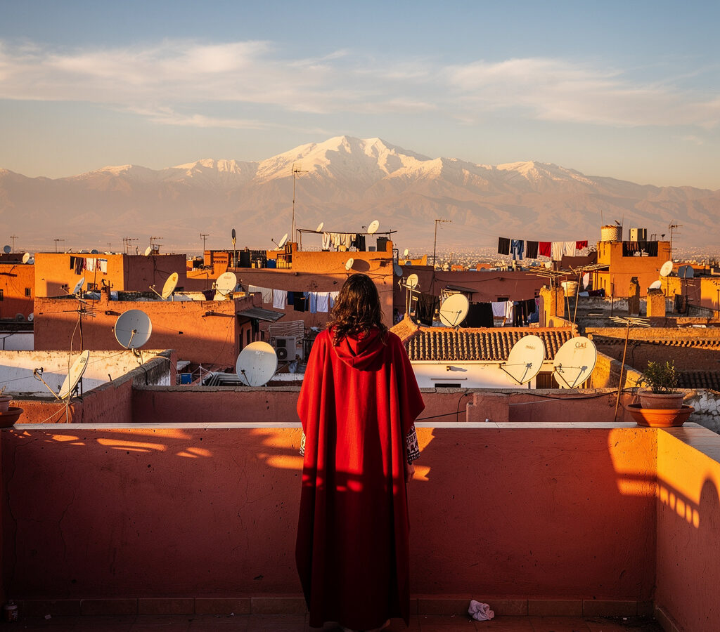 Best time to book flights to Morocco: traveler on Marrakech balcony overlooking medina rooftops and Atlas Mountains at golden hour, capturing affordable flight savings inspiration.