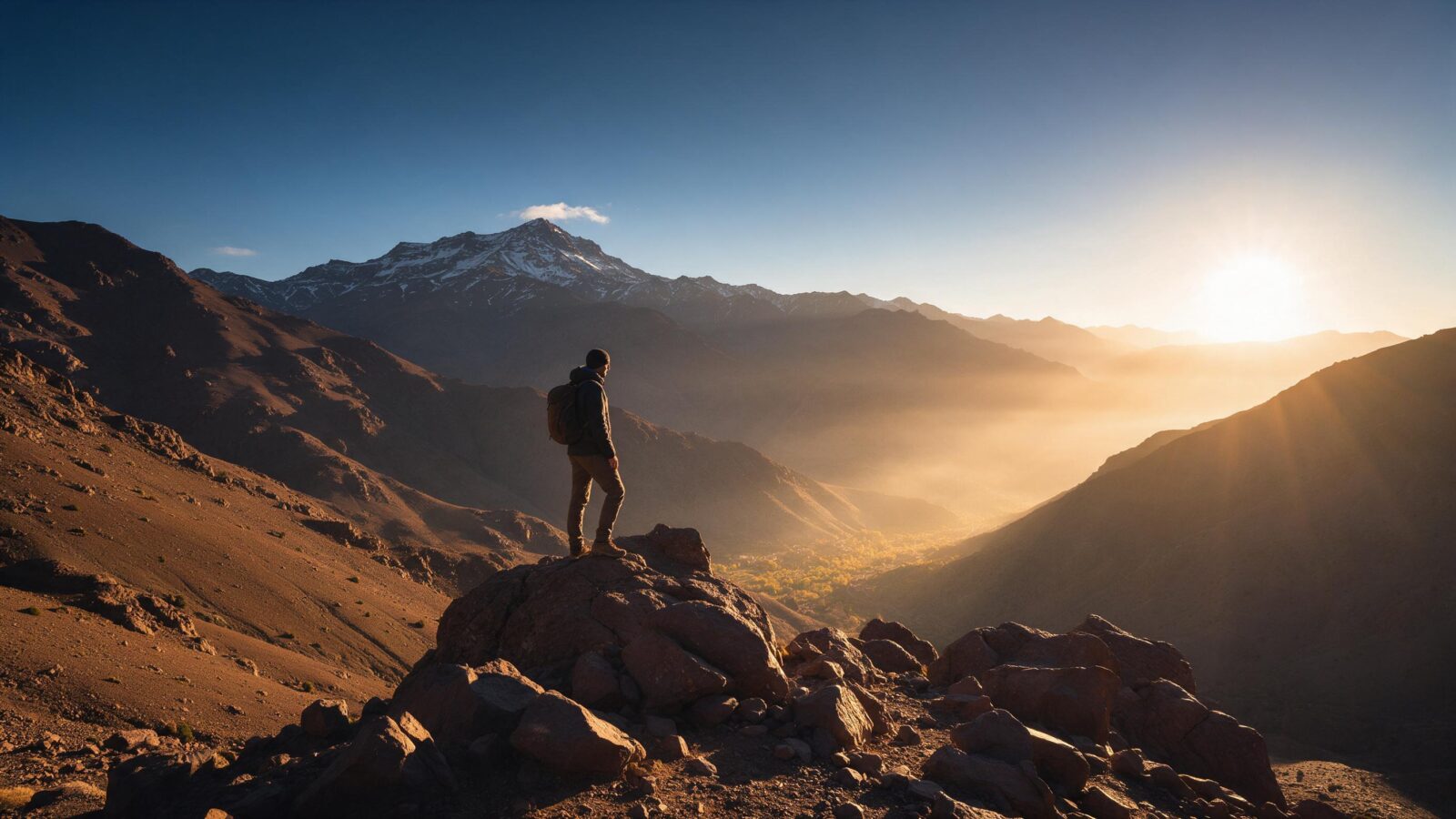 Morocco adventure travel destinations High Atlas Mountains trekking at sunrise with Mount Toubkal peak in background showcasing diverse terrain for hiking surfing and desert sports