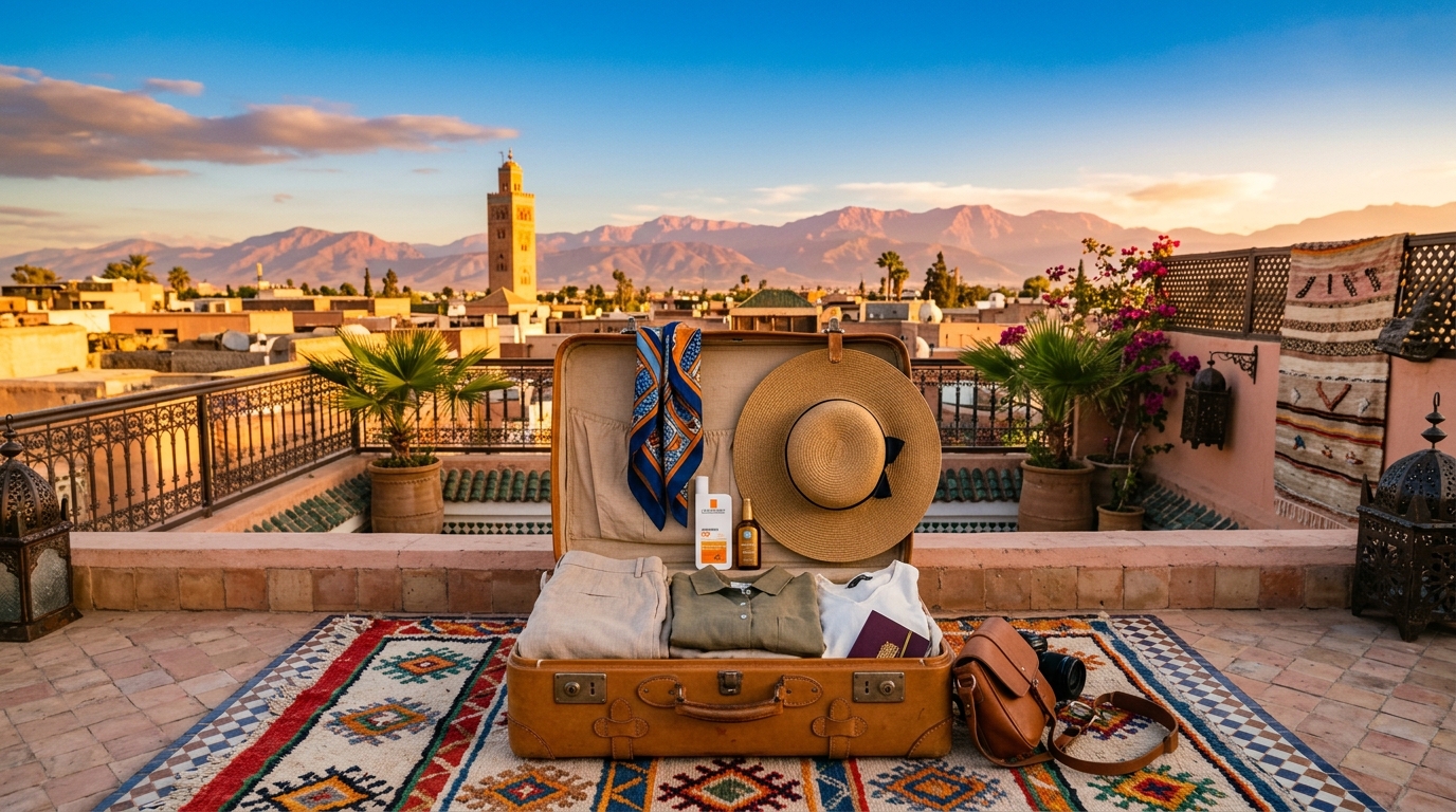 Complete Marrakech packing list essentials laid out on a traditional riad rooftop with Atlas Mountains at sunset – what to pack for Marrakech for every season.