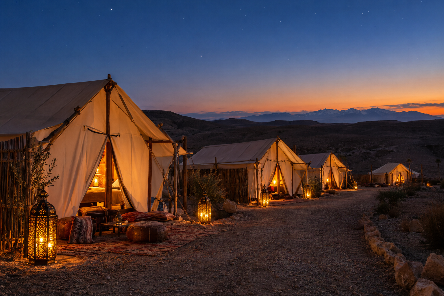 Stony hills of the Agafay Desert near Marrakech at sunset with the snow-capped High Atlas on the horizon
